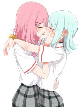 2girls amaori_renako arms_around_neck blue_hair blush bow bowtie closed_eyes commentary_request french_kiss grey_skirt hand_on_another&#039;s_face hand_on_another&#039;s_waist highres kiss koyanagi_kaho medium_hair multiple_girls nuooooodoomo pink_bow pink_bowtie pink_hair plaid_clothes plaid_skirt school_uniform scrunchie shirt simple_background skirt tongue tongue_out watashi_ga_koibito_ni_nareru_wake_naijan_murimuri! white_background white_shirt wrist_scrunchie yuri