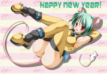 Rule 34 | 1girl, 2000s (style), :d, animal, animal ears, aqua hair, armpits, arms behind head, arms up, ashita yaru, ass, belt, black socks, black thighhighs, blue belt, bottomless, breasts, chinese zodiac, fang, hair between eyes, layered legwear, medium breasts, mouse (animal), mouse ears, mouse girl, mouse tail, no anus, open mouth, original, pink tail, red eyes, shirt, shoes, short hair, smile, socks, solo, striped background, tail, thighhighs, thighs, year of the rat, yellow shirt, yellow shoes, yellow thighhighs