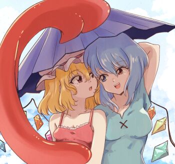 2girls alternate_costume blonde_hair blue_eyes blue_hair breasts crystal_wings dr._addamelech embodiment_of_scarlet_devil flandre_scarlet hair_between_eyes hand_up highres holding holding_umbrella karakasa_obake multiple_girls open_mouth purple_umbrella red_eyes shirt short_hair smile tatara_kogasa touhou umbrella undefined_fantastic_object upper_body wings