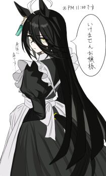 Rule 34 | 1girl, ahoge, animal ears, apron, black dress, black hair, commentary request, dress, ear tag, earrings, hair between eyes, highres, horse ears, horse girl, horse tail, jewelry, long bangs, long hair, long hair between eyes, long sleeves, looking at viewer, looking back, maid, maid apron, manhattan cafe (umamusume), multicolored hair, single earring, solo, speech bubble, tail, translation request, umamusume, user rmus7348, very long hair, white apron, white hair, yellow eyes