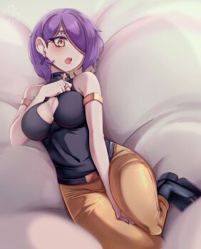 1girl :o absurdres armlet armpit_crease between_legs black_boots black_shirt blush boots breasts brown_pants choker cleavage_cutout clothing_cutout commentary cross cross_choker dilan_griz ear_piercing english_commentary eyebrow_piercing face_piercing gold_armlet hair_over_one_eye hand_between_legs highres jewelry labret_piercing large_breasts looking_at_viewer lying on_back one_eye_covered open_mouth orange_eyes original pants parted_bangs piercing purple_hair queen_(dilan_griz) shirt short_hair sleeveless sleeveless_shirt solo