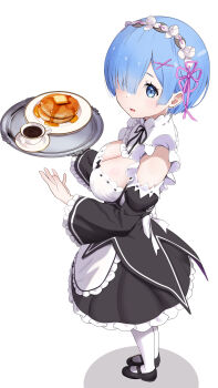 1girl :d absurdres black_shoes blue_eyes blue_hair blush breasts butter cleavage coffee commentary_request cup detached_sleeves dress food from_side full_body gibun_(sozoshu) hair_ornament hair_over_one_eye hair_ribbon highres holding holding_tray large_breasts looking_at_viewer maid maple_syrup mary_janes open_mouth pancake pink_ribbon plate re:zero_kara_hajimeru_isekai_seikatsu rem_(re:zero) ribbon roswaal_mansion_maid_uniform shoes short_hair simple_background smile solo standing teacup tongue tray white_background x_hair_ornament