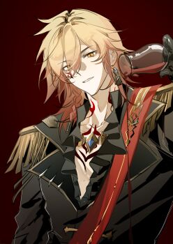 Rule 34 | 1boy, absurdres, alternate costume, black jacket, black shirt, blonde hair, braid, chest tattoo, chinese commentary, commentary request, cup, earrings, epaulettes, facial tattoo, frilled shirt, frills, gold earrings, gold necklace, gradient hair, highres, holding, holding cup, honkai: star rail, honkai (series), jacket, jewelry, male focus, medium hair, multicolored hair, mydei (honkai: star rail), neck tattoo, necklace, pouring, red hair, red tattoo, shirt, side braid, solo, tattoo, uu96621667, yellow eyes