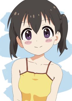 1girl atm_hnt bare_shoulders black_hair blush_stickers collarbone dot_nose facing_viewer feet_out_of_frame female_focus hair_between_eyes kuraue_hinata long_hair looking_at_viewer purple_eyes smile solo standing upper_body yama_no_susume