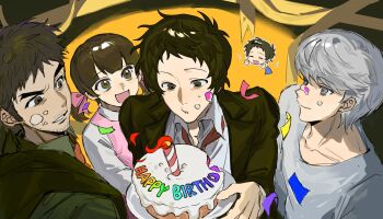 1girl 3boys adachi_tooru black_hair blowing_candle brown_eyes brown_hair chengmingraven collarbone collared_shirt commentary confetti dated_commentary doujima_nanako doujima_ryoutarou dress facial_hair food food_on_face grey_hair happy_birthday highres jacket jacket_over_shoulder multiple_boys mustache_stubble narukami_yu necktie parted_lips persona persona_4 pink_dress red_necktie shirt short_hair smile stubble unworn_jacket white_shirt yellow_background