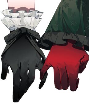 1088888888 2girls bang_dream! bang_dream!_it's_mygo!!!!! black_gloves black_ribbon chinese_commentary commentary_request frilled_gloves frilled_sleeves frills glove_ribbon gloves hand_focus highres multiple_girls official_alternate_costume out_of_frame pinky_swear red_gloves ribbon simple_background togawa_sakiko wakaba_mutsumi white_background