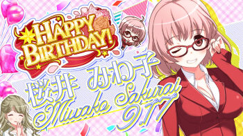 Rule 34 | 2girls, ^ ^, adjusting eyewear, ahoge, ayame sachiko, bad id, balloon, bilingual text, blush, breasts, brown hair, character name, chibi, cleavage, closed eyes, collarbone, confetti, english text, flower, game cg, glasses, grin, hand up, happy birthday, heart balloon, idol wars, index finger raised, jacket, large breasts, long hair, looking at viewer, mixed-language text, multiple girls, multiple views, official art, one eye closed, open mouth, orange flower, orange rose, own hands together, pink hair, plaid background, red-framed eyewear, red eyes, red jacket, red ribbon, ribbon, rose, sakurai miwako, second-party source, shirt, short hair, sleeves past wrists, smile, star (symbol), steepled fingers, string of flags, upper body, white jacket, white shirt