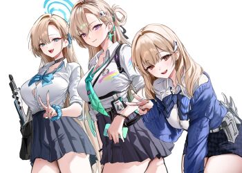 3girls absurdres aqua_eyes aqua_nails aqua_necktie asuna_(blue_archive) black_choker blonde_hair blue_archive blue_bow blue_bowtie blue_cardigan blue_ribbon blue_skirt bow bowtie braid braided_bangs breasts button_gap cardigan cellphone choker closed_mouth commentary_request crossover earrings fingernails furuming1 goddess_of_victory:_nikke gyaru hair_ornament hair_ribbon halo halo_behind_head highres holding holding_phone id_card jewelry large_breasts leaning_forward long_hair look-alike looking_at_viewer lynae_(wuthering_waves) multiple_girls nail_polish necktie open_mouth orange_eyes phone purple_eyes ribbon shirt shirt_tucked_in simple_background skirt skull_hair_ornament smartphone smile star_(symbol) star_earrings thighs tia_(nikke) v very_long_hair white_background white_shirt wuthering_waves