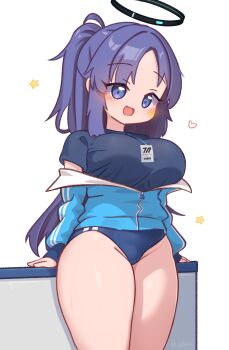 1girl :d black_shirt blue_archive blue_buruma blue_eyes blue_jacket blush breasts buruma commentary_request curvy double_vertical_stripe gabai happy heart highres huge_breasts jacket lanyard large_breasts long_hair looking_at_viewer official_alternate_costume open_mouth parted_bangs plump ponytail purple_hair shirt short_sleeves simple_background smile solo star_(symbol) star_sticker sticker sticker_on_face thick_thighs thighs white_background yuuka_(blue_archive) yuuka_(track)_(blue_archive)