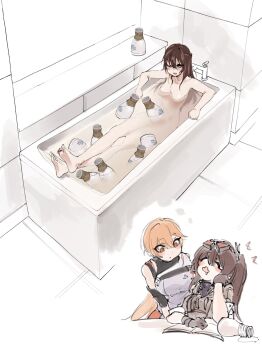 2girls alcohol bathing bathtub blonde_hair brown_hair dreaming girls'_frontline girls'_frontline_2:_exilium goggles goggles_on_head groza_(girls'_frontline_2) highres mayling_shen_(girls'_frontline_2) multiple_girls nenza_(maji_5aitei) nude orange_eyes ots-14_(girls'_frontline) ponytail rice_wine sleeping