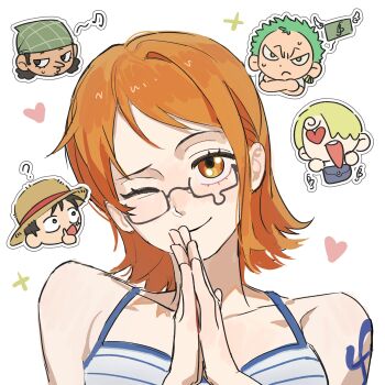 1girl 4boys ? absurdres banknote bare_shoulders black_hair blonde_hair camisole chibi chibi_inset closed_mouth collarbone commentary crossed_arms facial_scar glasses green_hair hair_over_one_eye hat heart heart-shaped_eyes highres looking_at_viewer money monkey_d._luffy multiple_boys musical_note nami_(one_piece) nami_(one_piece)_(jaya) one_eye_closed one_piece open_mouth orange_eyes orange_hair own_hands_together roronoa_zoro sanji_(one_piece) scar scar_on_cheek scar_on_face semi-rimless_eyewear short_hair shoulder_tattoo simple_background single_sidelock smile spaghetti_strap sparkle straw_hat straw_hat_pirates sweat sweatdrop sweetdou3 symbol-only_commentary tattoo teardrop-framed_glasses under-rim_eyewear upper_body usopp white_background