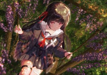 Rule 34 | 1girl, absurdres, black hair, black serafuku, black shirt, black skirt, chisa (wuthering waves), closed mouth, collarbone, commentary request, from above, hair ribbon, highres, honeylv3, long hair, mole, mole under eye, neckerchief, on swing, red eyes, red neckerchief, red ribbon, revision, ribbon, sailor collar, school uniform, serafuku, shirt, sitting, skirt, solo, swing, swing set, white sailor collar, wuthering waves