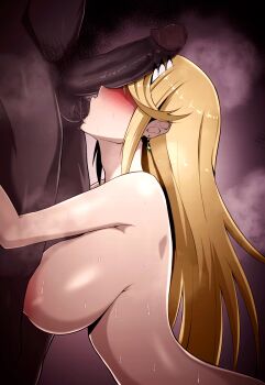 1boy 1girl blonde_hair blush breasts cheating_(relationship) dark-skinned_male dark_skin earrings eruu_(eruuman) fellatio hetero highres jewelry large_breasts large_penis large_testicles licking_testicle long_hair monolith_soft mythra_(xenoblade) netorare nipples nude oral penis penis_on_face penis_over_eyes pubic_hair saliva sweat testicle_sucking testicles very_dark_skin xeno_(series) xenoblade_chronicles_(series) xenoblade_chronicles_2