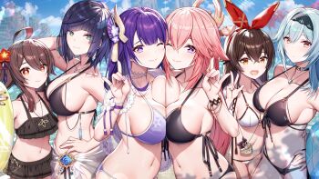 6+girls akusema amber_(genshin_impact) bikini black_bikini black_hairband blue_hair bracelet breast_press breasts brown_hair cleavage closed_mouth diagonal_bangs docking eula_(genshin_impact) fox_shadow_puppet genshin_impact green_eyes hair_ornament hairband hand_on_own_hip hand_up highres hu_tao_(genshin_impact) jewelry large_breasts looking_at_viewer mole mole_on_breast multiple_girls navel outdoors pink_hair purple_bikini purple_eyes purple_hair raiden_shogun red_eyes red_hairband short_hair smile swimsuit symmetrical_docking vision_(genshin_impact) white_bikini yae_miko yelan_(genshin_impact)