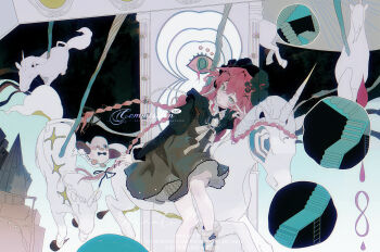 1girl black_dress black_flower black_headdress carousel commission dress fingernails flower green_eyes hai_yexing_ren hair_between_eyes hair_intakes hair_ornament hairpin headdress highres juliet_sleeves long_hair long_sleeves looking_at_viewer mihuashi_commission nail_polish night original outdoors parted_lips pink_hair pink_nails puffy_sleeves ribbon sidelocks sitting solo stairs watermark