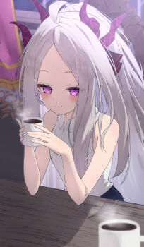 1girl ahoge blue_archive blush breasts coffee commentary_request demon_girl demon_horns highres hina_(blue_archive) horns indoors long_hair looking_at_viewer nekomaru_(nekomaru222) purple_eyes sitting small_breasts solo upper_body very_long_hair white_hair