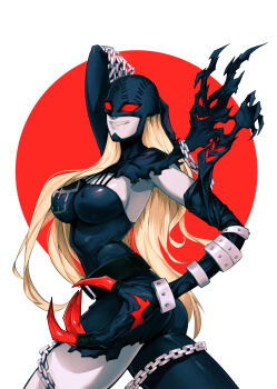 1girl absurdres arm_up ass belt black_bodysuit blonde_hair bodysuit breasts chain claws cleavage colored_skin covered_erect_nipples covered_eyes demon_girl digimon digimon_(creature) grey_skin grin helmet highres ladydevimon large_breasts long_hair mask momdadno red_background red_eyes smile teeth torn_clothes white_background wings