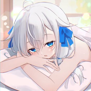 1girl ahoge bed_sheet blue_bow blue_eyes blush bow commentary_request grey_hair hair_between_eyes hair_bow hair_over_shoulder highres hot_kakigoori long_hair looking_at_viewer low_twintails lying naked_sheet on_stomach original parted_lips pillow solo twintails under_covers window