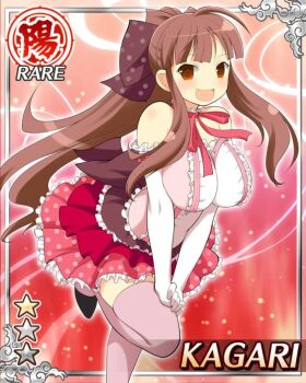 1girl blunt_bangs breasts breasts_squeezed_together card_(medium) elbow_gloves frilled_skirt frills game_cg gloves hair_ribbon high_ponytail highres idol_clothes kagari_(senran_kagura) large_breasts layered_skirt leg_up long_hair looking_at_viewer non-web_source official_alternate_costume official_art open_mouth ponytail purple_thighhighs red_eyes red_hair red_ribbon ribbon senran_kagura senran_kagura_new_wave sidelocks skirt smile solo sweatdrop thighhighs white_gloves