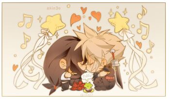 Rule 34 | 1boy, 1girl, 4k1030, animal, armor, balloon, black hair, black pants, black skirt, black sweater, black thighhighs, blonde hair, boots, buster sword, chibi, chibi only, closed eyes, cloud strife, commentary, couple, crop top, english commentary, face-to-face, facing another, final fantasy, final fantasy vii, final fantasy vii remake, frog, from side, full body, heart, hetero, highres, kiss, knees up, long hair, low-tied long hair, musical note, pants, profile, red boots, short hair, shoulder armor, sitting, skirt, sleeveless, sleeveless turtleneck, sparkle, spiked hair, star (symbol), star balloon, sweater, sword, sword on back, tank top, thighhighs, tifa lockhart, turtleneck, turtleneck sweater, twitter username, weapon, weapon on back, white tank top