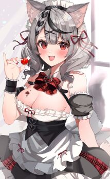 1girl animal_ear_fluff animal_ears black_straps blush bow bowtie braid breasts cleavage detached_collar detached_sleeves dress fang food frilled_dress frilled_wristband frills hair_ornament hair_ribbon highres holding holding_food hololive looking_at_viewer maid_headdress medium_breasts medium_hair multicolored_hair open_mouth punikasu raised_inner_eyebrows red_bow red_bowtie red_eyes red_nails red_ribbon ribbon sakamata_chloe swept_bangs two-tone_hair upper_body virtual_youtuber window x_hair_ornament