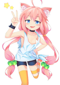 1girl ahoge animal_ear_fluff animal_ears asymmetrical_legwear blue_eyes blush cat_ears commentary_request female_focus flat_chest hair_bobbles hair_ornament hand_on_own_hip highres hinata_channel loli long_hair mismatched_legwear nekomiya_hinata nipple_slip nipples no_bra open_mouth orange_legwear pink_hair shirt simple_background sleeveless sleeveless_shirt smile solo standing standing_on_one_leg star_(symbol) striped_clothes striped_legwear striped_thighhighs thighhighs twintails v virtual_youtuber white_background white_shirt xuan_chu