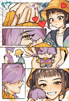 1boy 1girl absurdres bare_shoulders black_hair blunt_bangs blush brown_eyes character_doll detached_sleeves doll dragonla earrings food fruit grin hair_over_eyes highres jewelry kpop_demon_hunters mystery_(kpop_demon_hunters) nail_polish orange_(fruit) orange_arm_warmers orange_eyes orange_hair orange_slice parted_lips purple_hair purple_nails purple_sweater_vest shirt shirt_under_sweater short_bangs short_hair sidelocks sleeveless sleeveless_turtleneck smile sparkle sweater_vest teeth turtleneck updo white_shirt zoey_(kpop_demon_hunters)