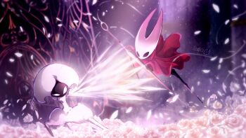 2girls absurdres artist_name battle black_eyes blank_eyes cloak duel ediptus flower highres holding holding_weapon hollow_knight hollow_knight:_silksong horned_mask hornet_(hollow_knight) horns lace_(hollow_knight) mask multiple_girls needle_(hollow_knight) petals red_cloak weapon white_eyes white_flower white_mask white_petals