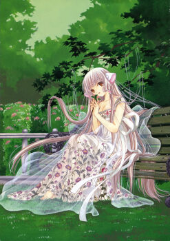 00s 1girl absurdres artbook bench breasts chii chobits clamp cleavage comic dress female_focus flower highres holding holding_flower image_sample long_hair medium_breasts official_art robot_ears see-through_clothes sitting solo very_long_hair