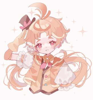 1boy arm_up blush brown_hat commentary cropped_torso cure_wing frilled_sleeves frills gloves grin hat highres hirogaru_sky!_precure long_hair looking_at_viewer magical_boy male_focus mini_hat mini_top_hat neck_ribbon orange_hair orange_vest pink_ribbon ponytail precure red_eyes ribbon short_sleeves simple_background smile solo sparkle top_hat upa_papa_co vest white_background yellow_gloves yuunagi_tsubasa