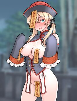 1girl absurdres anchor_hair_ornament black_hat black_shirt blonde_hair blurry blurry_background blush breasts chinese_clothes clothing_cutout commentary_request cowboy_shot detached_sleeves exhibitionism frilled_sleeves frills full-face_blush furaggu_(frag_0416) gluteal_fold green_eyes hair_between_eyes hair_ornament hair_over_shoulder hat highres hip_vent jiangshi_costume kantai_collection long_hair looking_at_viewer low_twintails maebari medium_breasts navel night nipples ofuda ofuda_on_head ofuda_on_nipples ofuda_on_pussy open_mouth outdoors outstretched_arms pasties peanut_mouth prinz_eugen_(kancolle) public_indecency qingdai_guanmao shirt sidelocks sleeves_past_fingers sleeves_past_wrists solo standing tree twintails zombie_pose