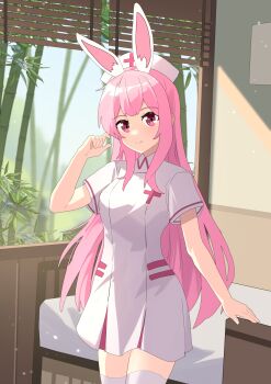 Rule 34 | 1girl, absurdres, alternate costume, alternate eye color, alternate hair color, animal ears, bamboo, bed, chinese commentary, closed mouth, commentary request, cross, cross print, dress, hat, highres, long hair, looking at viewer, multi-source commentary, nurse, nurse cap, print hat, rabbit ears, rabbit girl, reisen udongein inaba, sdftehn, short sleeves, smile, solo, thighhighs, touhou, very long hair, white dress, white hat, white thighhighs