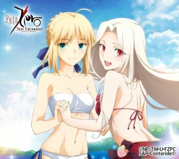 2girls ahoge artoria_pendragon_(fate) bare_shoulders bikini blonde_hair blue_bow blue_ribbon blush bow braid breasts cleavage closed_mouth collarbone english_text fate/zero fate_(series) green_eyes hair_bow hair_bun hair_ribbon holding_hands irisviel_von_einzbern long_hair looking_at_viewer medium_breasts medium_hair midriff multiple_girls navel open_mouth outdoors red_bikini red_eyes ribbon saber_(fate) scan sexually_suggestive side-tie_bikini_bottom single_hair_bun smile stomach swimsuit teeth upper_teeth_only very_long_hair white_bikini white_hair yuri