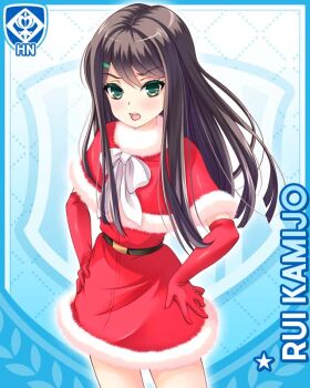 Rule 34 | 1girl, black hair, blue background, bow, card (medium), character name, dress, elbow gloves, girlfriend (kari), gloves, green eyes, hair ornament, hairpin, hands on own hips, kamijo rui, long hair, looking at viewer, miniskirt, official art, qp:flapper, red gloves, santa costume, santa dress, short dress, skirt, solo, standing, thighs, v-shaped eyebrows, white bow