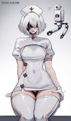 Rule 34 | 1girl, 2b (nier:automata), aelion draws, alternate costume, artist name, black blindfold, black panties, blindfold, blush, breasts, cleavage, clothing cutout, covered eyes, dress, gloves, gradient background, hand on own thigh, hat, highres, large breasts, medium breasts, mole, nier:automata, nier (series), nurse, nurse cap, panties, pod (nier:automata), puffy short sleeves, puffy sleeves, short dress, short hair, short sleeves, simple background, sitting, skindentation, solo, thick thighs, thighhighs, thighs, underwear, white dress, white gloves, white hair, wide hips