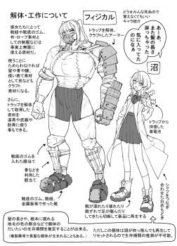 2girls armor armored_boots arrow_(symbol) bandaged_arm bandages boots bow bowtie character_profile chest_harness clenched_hands collared_shirt commentary_request dual_persona flapper_shirt gauntlets greyscale hand_up harness height_difference highres lab_coat long_hair looking_at_viewer mado_(mukade_tou) monochrome multiple_girls muscular muscular_female muzzle navel omake original patchwork_clothes pleated_skirt scar school_uniform shirt single_gauntlet skirt smile stomach tall translation_request twintails wolf_cut