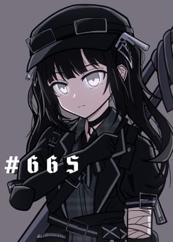 Rule 34 | 1girl, absurdres, backlighting, belt, black belt, black choker, black gloves, black hair, black hat, black ribbon, choker, closed mouth, colored skin, cowboy shot, dishthecatlover, dress, gloves, glowing, glowing eyes, goggles, goggles on headwear, grey eyes, grey skin, gun, hat, highres, kurobe nanoka, long hair, mahou shoujo no majo saiban, pouch, puffy short sleeves, puffy sleeves, ribbon, short sleeves, simple background, solo, twintails, upper body, weapon