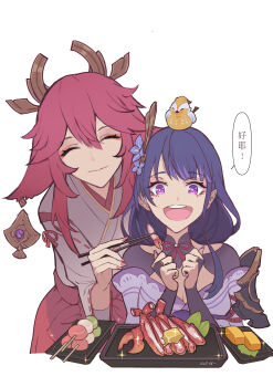 2girls absurdres animal animal_ears animal_on_head armor bird bird_on_head blunt_bangs breasts bridal_gauntlets chopsticks cleavage closed_eyes closed_mouth clothing_cutout commentary couple dango eyeliner food fox_ears fox_girl genshin_impact hair_between_eyes hair_ornament happy head_tilt headpiece highres holding holding_chopsticks japanese_clothes kimono large_breasts long_hair long_sleeves looking_at_food looking_down makeup miko mole mole_under_eye multicolored_eyes multiple_girls neck_ribbon off_shoulder on_head open_mouth pink_hair purple_eyes purple_hair purple_kimono raiden_shogun red_eyeliner red_ribbon ribbon shoulder_armor shoulder_cutout simple_background sitting smile speech_bubble table teeth translation_request upper_teeth_only wagashi white_background wide-eyed wide_sleeves yae_miko yuri zoe_(pixiv43701990)