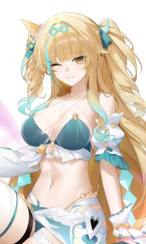 1girl absurdres baiser3rd bare_shoulders bikini blonde_hair breasts green_bikini highres honkai_(series) honkai_impact_3rd large_breasts long_hair looking_at_viewer navel official_alternate_costume one_eye_closed sarong simple_background solo songque stomach swimsuit thigh_strap thighs very_long_hair white_background white_sarong