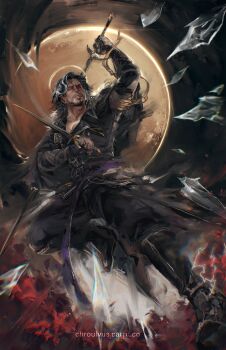 1boy arm_up belt belt_buckle black_boots black_coat black_gloves black_hair black_pants boots buckle chroulvus clair_obscur:_expedition_33 coat commentary dual_wielding english_commentary full_body gloves highres holding holding_sword holding_weapon lapels long_sleeves male_focus multicolored_hair notched_lapels pants scar scar_across_eye scar_on_face solo streaked_hair sword verso_(clair_obscur:_expedition_33) wavy_hair weapon