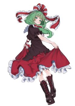 1girl arm_ribbon blush bow dress frilled_bow frilled_ribbon frills front_ponytail green_eyes green_hair hair_bow hair_ornament hair_ribbon hat highres kagiyama_hina kararage_tsune long_hair looking_at_viewer puffy_sleeves red_bow red_dress red_ribbon ribbon short_sleeves simple_background smile solo touhou white_background wrist_ribbon