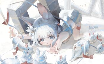 1girl animal_ear_fluff animal_ears bloomers blue_eyes camisole commentary_request doubutsunoujyou flower hair_flower hair_ornament hair_rings highres looking_at_viewer open_mouth original rabbit rabbit_ears rabbit_girl short_hair solo tail underwear white_bloomers white_camisole white_hair