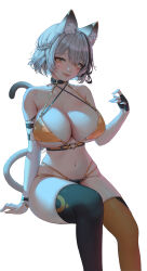 Rule 34 | 1girl, animal ears, bikini, black choker, breasts, cat ears, cat girl, cat tail, choker, highres, large breasts, looking at viewer, mole, mole on breast, mole under eye, navel, original, shiro albino, short hair, solo, swimsuit, tail, thighhighs, thighs, white background, white hair, yellow eyes