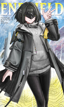 1girl absurdres arknights arknights:_endfield arm_up artist_name black_coat black_hair black_pantyhose chinese_commentary closed_mouth coat commentary_request cowboy_shot elevation_contour_lines endministrator_(arknights) female_endministrator_(arknights) grey_sweater hair_ornament highres long_sleeves open_clothes open_coat pantyhose ribbed_sweater short_hair smile solo standing sweater w yitai_zhi_meng