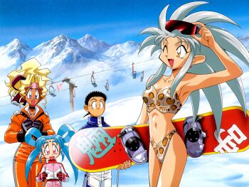 1990s_(style) 1boy 3girls adjusting_eyewear aqua_hair arm_up armpits bikini black_choker blonde_hair choker dark-skinned_female dark_skin day facial_mark fang forehead_mark gloves green_hair hair_rings headband heart high_ponytail holding_ski_pole holding_snowboard kuramitsu_mihoshi long_hair low_ponytail masaki_sasami_jurai masaki_tenchi mountain multiple_girls navel non-web_source official_art one_eye_closed open_mouth outdoors pink_eyes pointy_ears ponytail retro_artstyle ryouko_(tenchi_muyou!) ski_gear ski_lift ski_pole snow snowboarding standing staring strapless strapless_bikini sunglasses swimsuit tenchi_muyou! twintails yellow_eyes