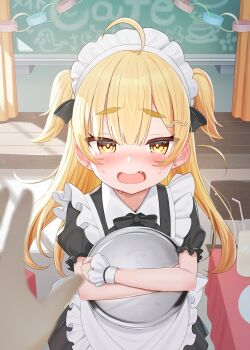 1girl absurdres ahoge apron black_bow black_bowtie black_dress blonde_hair blurry blurry_foreground blush bow bowtie commentary_request dress earrings fang frilled_apron frills highres holding holding_tray indoors jewelry long_hair looking_at_viewer maid maid_apron maid_headdress open_mouth original pov pov_hands puffy_short_sleeves puffy_sleeves short_sleeves solo_focus stud_earrings sweat thick_eyebrows tray tsukiman two_side_up white_apron white_wrist_cuffs wrist_cuffs yellow_eyes