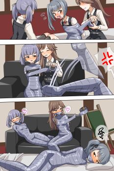 3girls absurdres anger_vein arashio_(kancolle) bed bound breasts brown_eyes brown_hair chair couch duct_tape flat_chest gag grey_hair grin heart highres improvised_gag kantai_collection kasumi_(kancolle) multiple_girls mummification_(bound) on_bed on_couch ooshio_(kancolle) pillow self_bondage side_ponytail small_breasts smile spoken_anger_vein spoken_heart spoken_squiggle squiggle struggling tape tape_bondage tape_gag thalter39o twintails