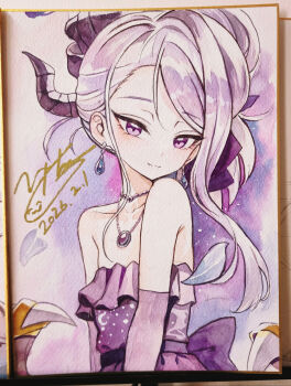 1girl blue_archive commentary dated demon_horns demon_wings dress earrings elbow_gloves flat_chest gangbyeon gloves grey_hair highres hina_(blue_archive) hina_(dress)_(blue_archive) horns jewelry korean_commentary light_smile looking_at_viewer multiple_horns necklace official_alternate_costume photo_(medium) purple_dress purple_eyes purple_gloves signature solo strapless strapless_dress traditional_media wings