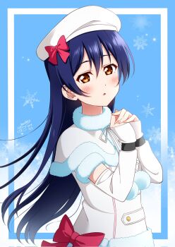 1girl :o arm_warmers beret blue_background blue_border blue_hair blush border bow buttons capelet coat coat_bow commentary_request double-breasted fur-trimmed_capelet fur-trimmed_coat fur_trim gradient_background hair_between_eyes hands_up haruharo_(haruharo_7315) hat hat_bow highres inset_border long_hair looking_at_viewer love_live! love_live!_school_idol_project neck_ribbon open_mouth outside_border own_hands_together parted_lips pom_pom_(clothes) red_bow ribbon short_sleeves sleeves_past_wrists snow_halation snowflakes snowing solo sonoda_umi upper_body very_long_hair white_arm_warmers white_background white_border white_capelet white_coat white_hat white_ribbon yellow_eyes