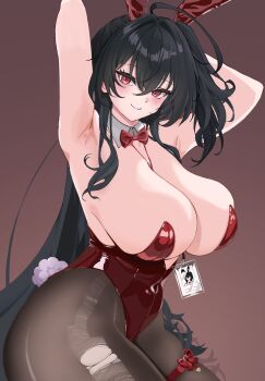 1girl animal_ear_hairband animal_ears armpits azur_lane between_breasts black_hair bow bowtie breasts brown_background brown_pantyhose commentary_request cowboy_shot fake_animal_ears fake_tail hair_between_eyes hairband highres huge_breasts laddered_pantyhose lanyard leotard long_hair looking_at_viewer official_alternate_costume okabenoriyuki pantyhose playboy_bunny rabbit_ear_hairband rabbit_ears rabbit_tail red_bow red_bowtie red_eyes red_leotard simple_background solo strap_between_breasts strapless strapless_leotard taihou_(azur_lane) taihou_(fun_on_the_baize)_(azur_lane) tail thigh_bow torn_clothes torn_pantyhose undersized_breast_cup very_long_hair